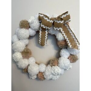 Handmade‎ Pom Pom Wreath Neutral Tones Cream Brown White Burlap Bow Straw Form